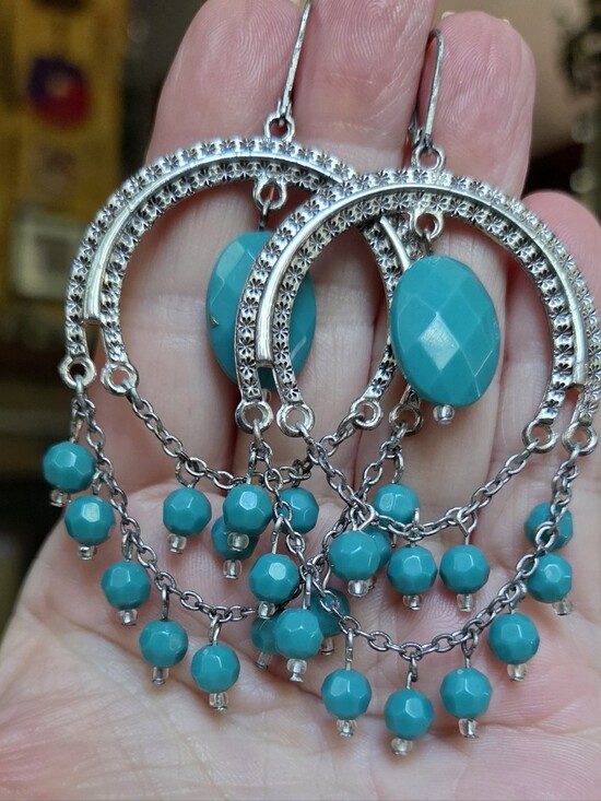 H&M Jewelry - H&M Teal Beaded Silver-Tone Chandelier Earrings